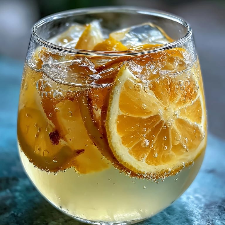 3. Close-up of Sparkling Fermented Lemonade in a glass, effervescent bubbles rising through the golden, probiotic-rich citrus drink.