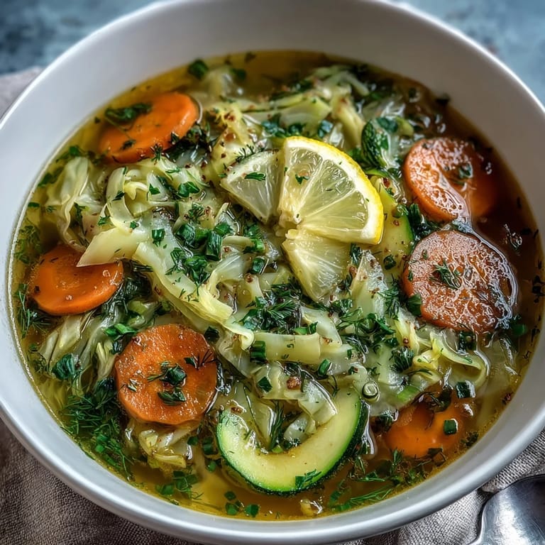 A close-up of a nourishing Spring Detox Cabbage Soup bowl, showcasing colorful cabbage, carrots, and zucchini in golden broth.
