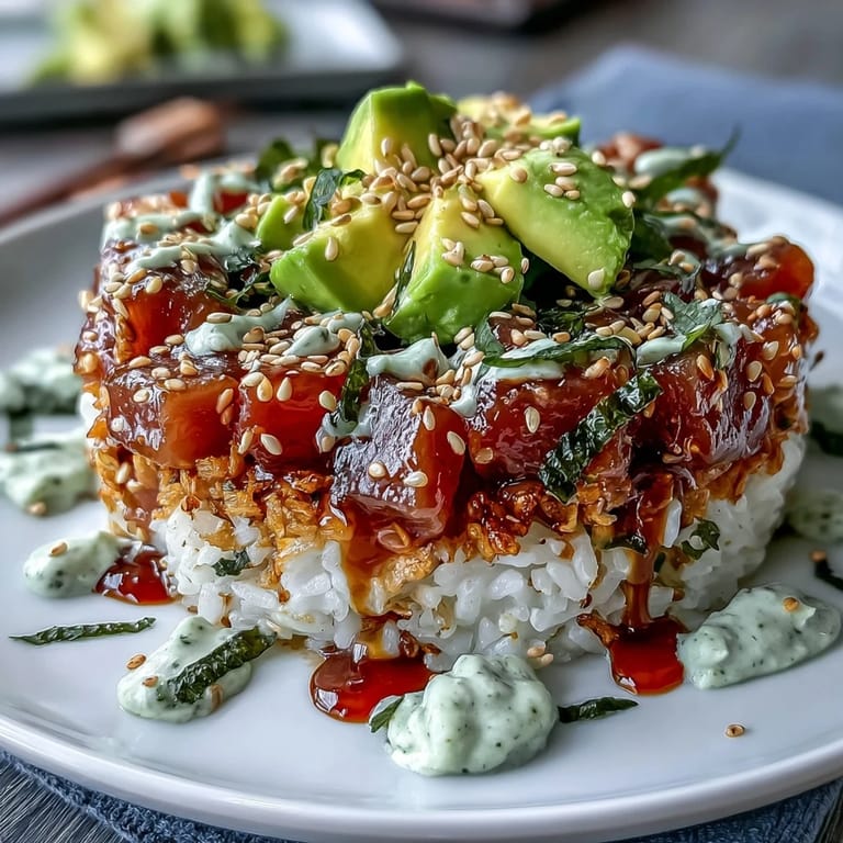 Freshly assembled crispy rice salad dish featuring colorful vegetables and seasoned tuna.