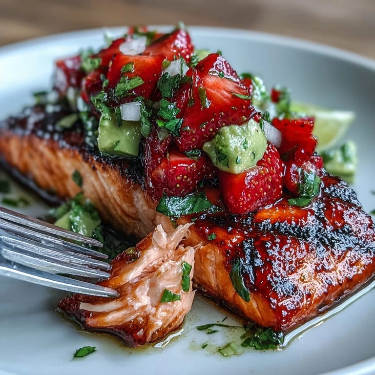 Flaky grilled salmon topped generously with fresh strawberry avocado salsa for an amazing dinner.