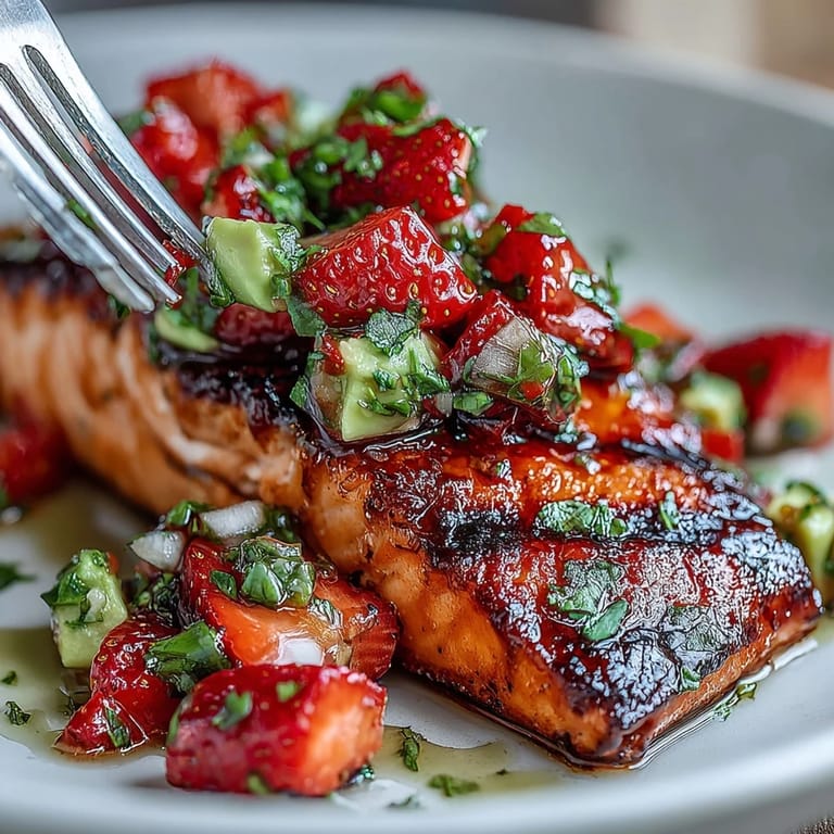 Delicious grilled salmon dish beautifully adorned with a sweet and savory strawberry avocado salsa.
