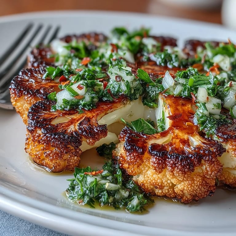 Delicious BBQ Cauliflower Steaks, perfectly seared, generously finished with zesty chimichurri.
