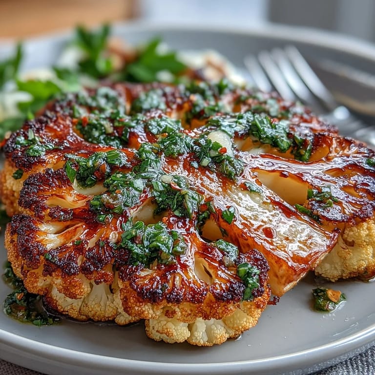 Charred BBQ Cauliflower Steaks, topped with vibrant, rustic chimichurri sauce, ready to eat.