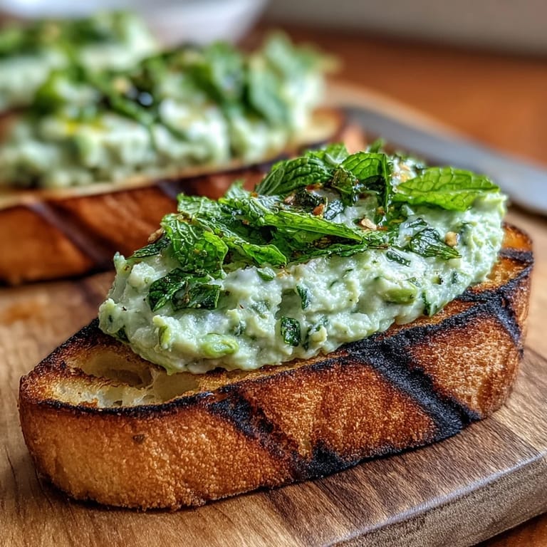 Smoky grilled sourdough topped with creamy fava bean and mint spread, ready to serve.