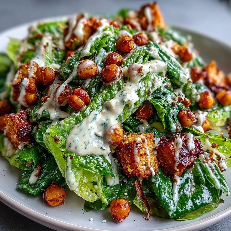 Freshly tossed Vegan Caesar Salad with savory chickpea croutons, ready to enjoy.