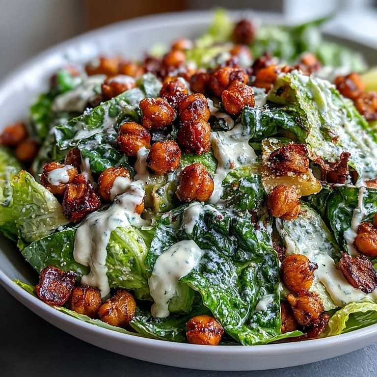 Hearty Vegan Caesar Salad featuring golden chickpea croutons piled high on crisp romaine.