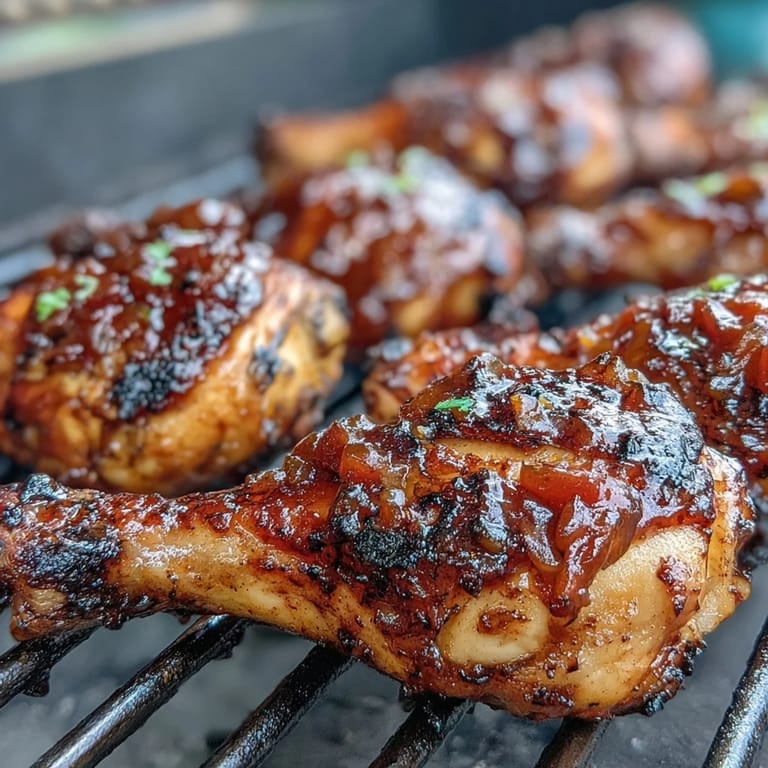 Grilled BBQ Chicken Drumsticks glistening with a vibrant peach glaze, perfect for summer.