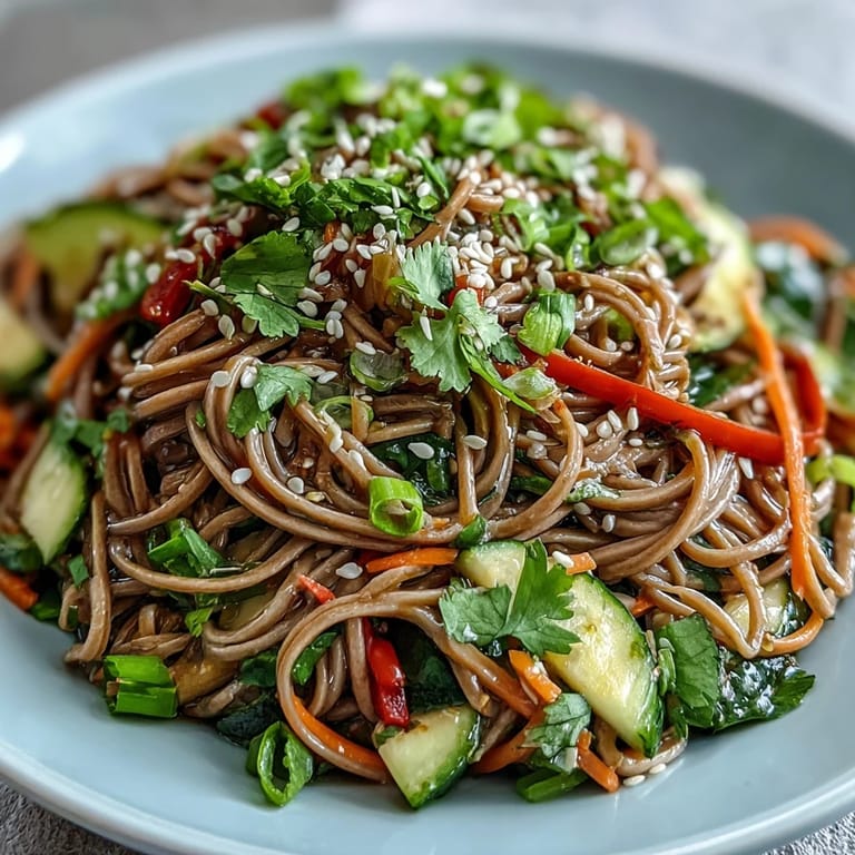 Beautifully presented cold soba noodle salad with ginger dressing and fresh garden vegetables.