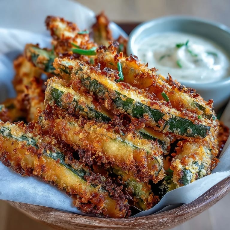 Air fried pickle fries, a delicious appetizer, ready with zesty dipping sauce.
