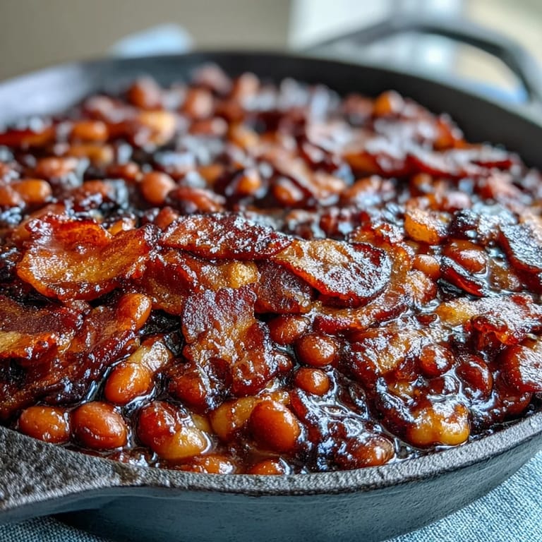 Smoky molasses Juneteenth BBQ baked beans, a hearty side dish ready to serve.