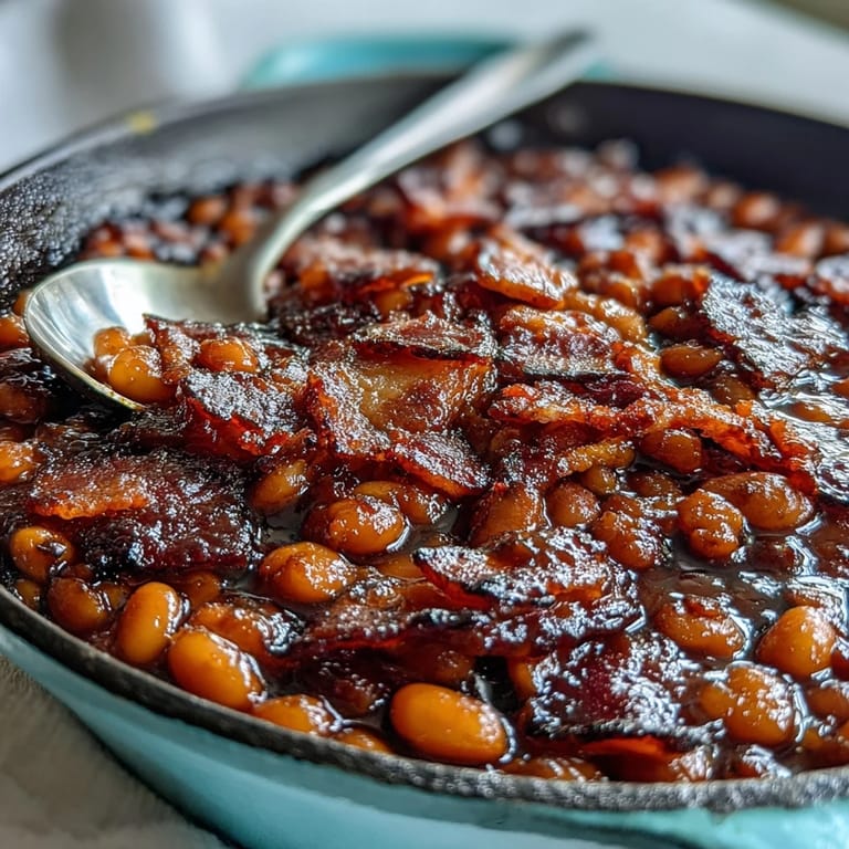 Slow-cooked Juneteenth BBQ baked beans with crispy bacon, a classic Southern comfort.