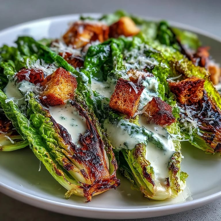 Platter of warm, grilled Caesar salad, bursting with smoky, savory flavors.