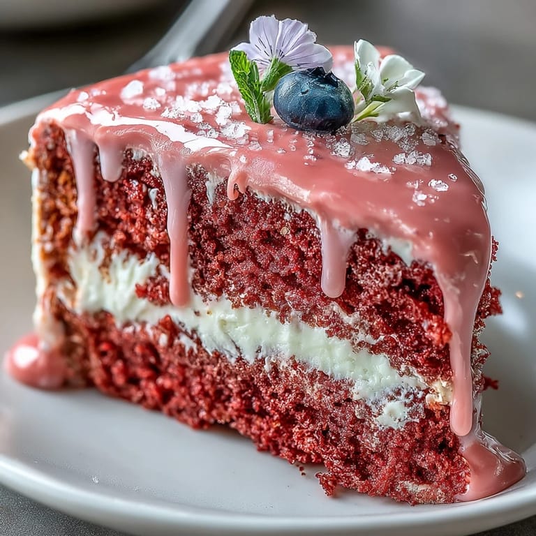 Celebratory rosé velvet cake, perfect for showers, with a fancy gold cascade.