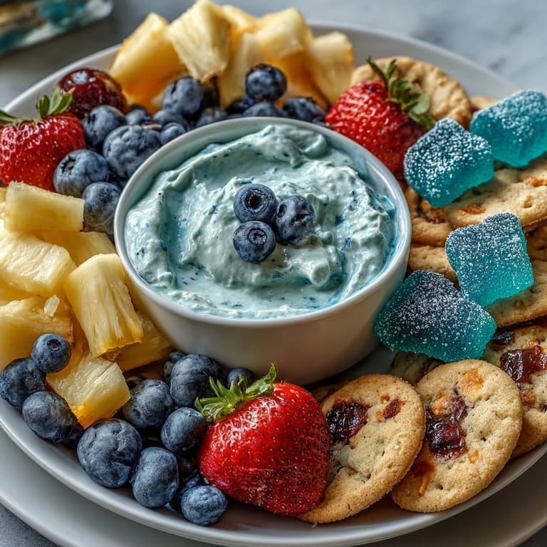 Colorful Cool Blue Lemonade Dessert Board featuring dip, fruits, and tempting treats.