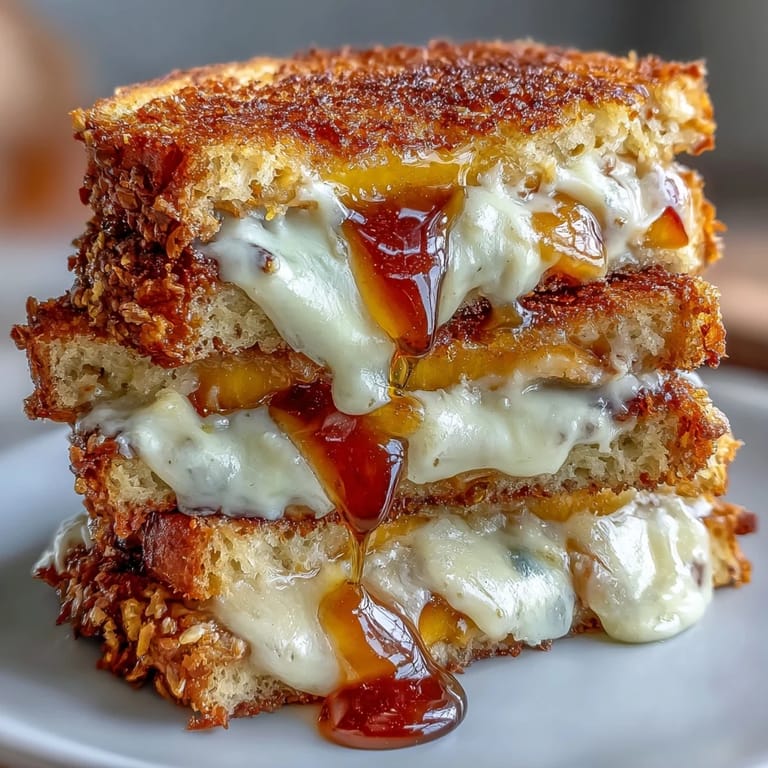 The ultimate peach hot honey grilled cheese oozing with spicy sweet flavor.