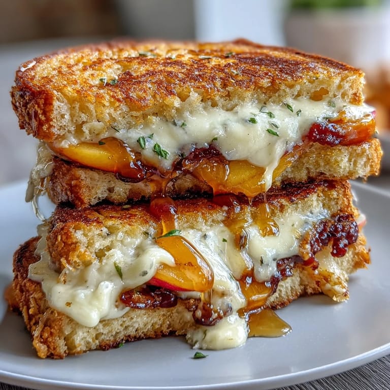 Crispy sourdough peach hot honey grilled cheese perfect for a quick lunch.