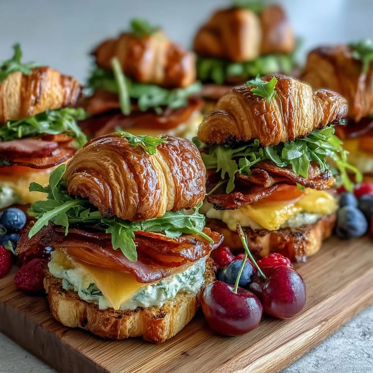 Golden mini croissant sandwiches piled high on a delightful savory breakfast grazing board.