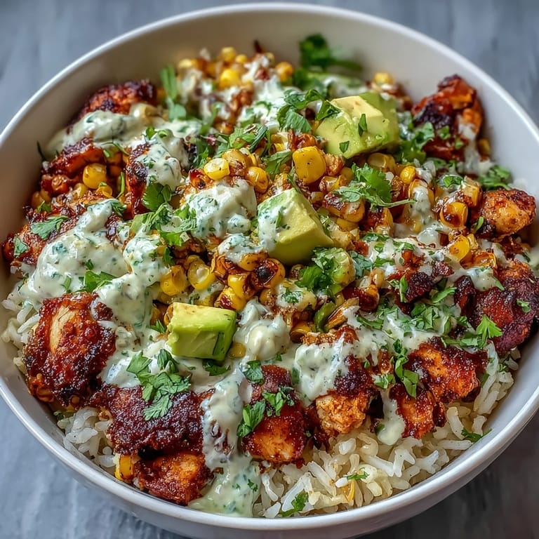 Flavorful Street Corn Chicken Rice Bowls featuring spiced chicken and charred corn topping.