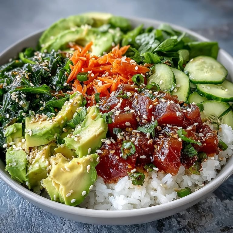 Quick canned tuna poke bowl featuring flaky fish and zesty dressing.