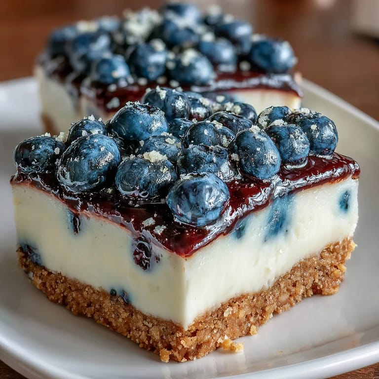 Luscious no-bake lemon blueberry cheesecake bars perfect for casual entertaining.
