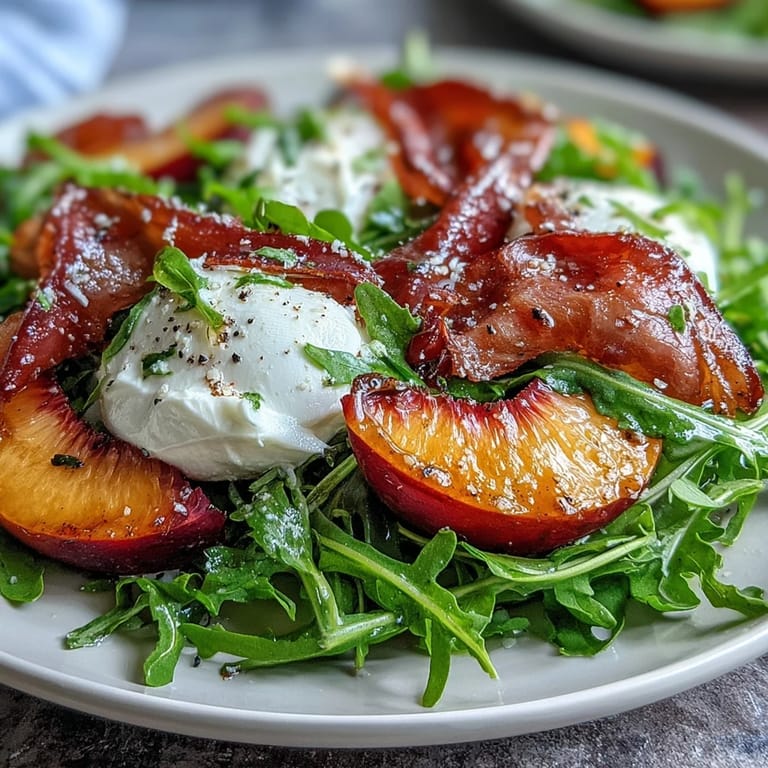 Refreshing Peach Burrata Prosciutto Salad, drizzled with balsamic, perfect for a light lunch.