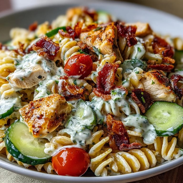 Hearty Chicken Bacon Ranch Pasta Salad, a delicious and refreshing summer side dish.