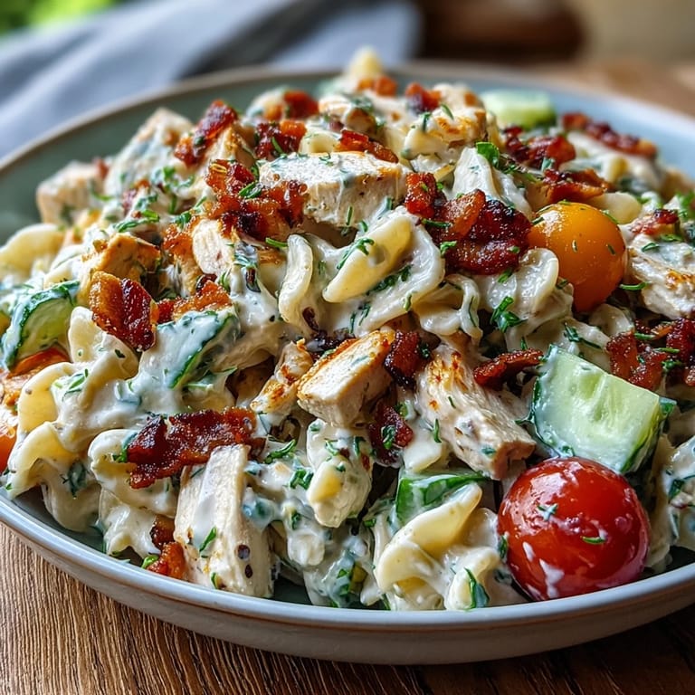 Cold pasta salad with chicken, bacon, and ranch dressing, perfect for picnics.