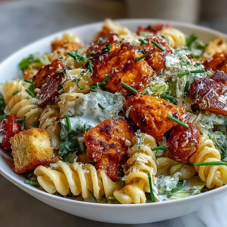 Creamy Caesar pasta salad topped with zesty buffalo chicken and crunchy croutons.