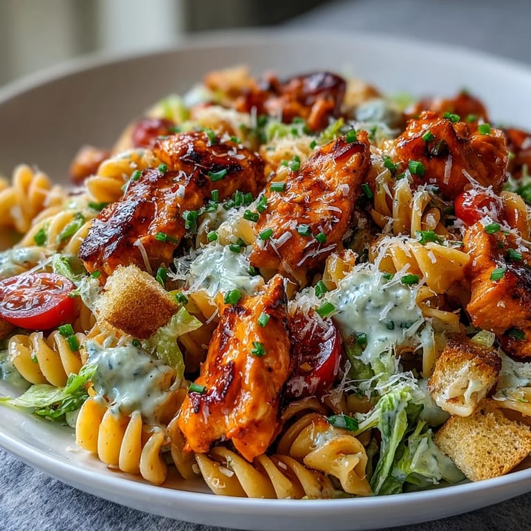 A refreshing, easy Buffalo Chicken Caesar Pasta Salad perfect for any gathering.