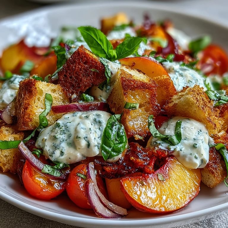 Fresh Peach Burrata Panzanella salad with heirloom tomatoes and sweet basil, perfect for summer.