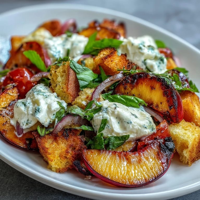 Golden toast, soft burrata, and ripe peaches shine in this easy Italian-inspired Panzanella.