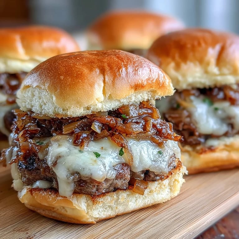 Irresistible French onion smash burger sliders ready to be devoured.