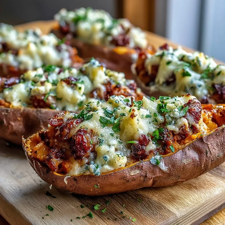 Golden sweet potatoes overflowing with flavorful sausage, apple, and herb filling, ready to enjoy.