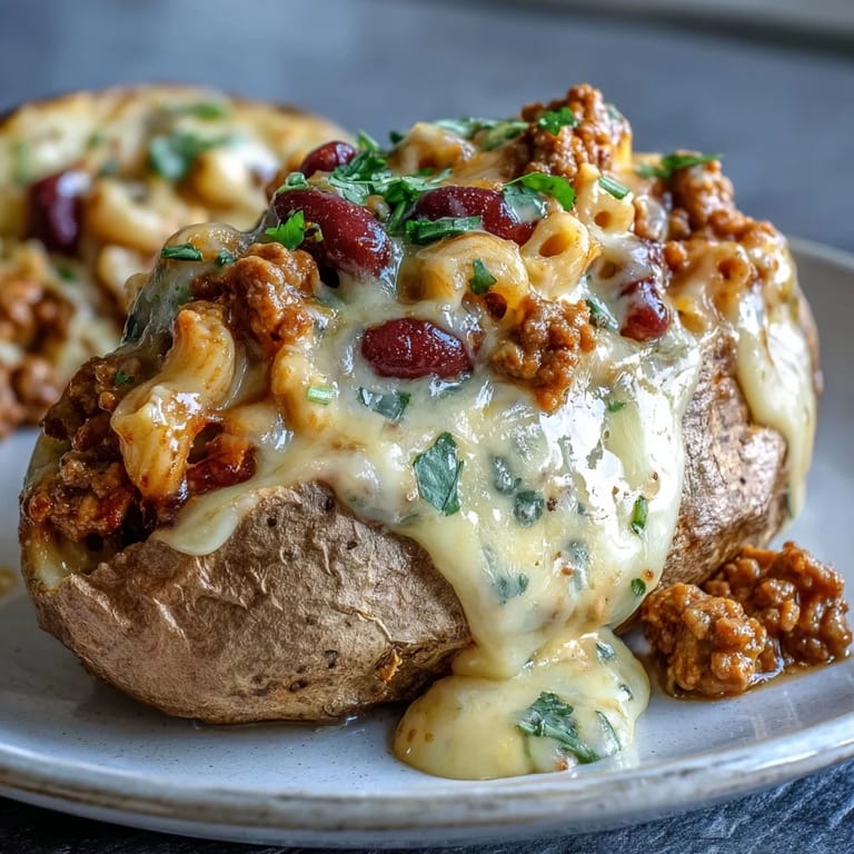 Hearty Chili Mac Stuffed Baked Potatoes, a perfect cozy dinner.