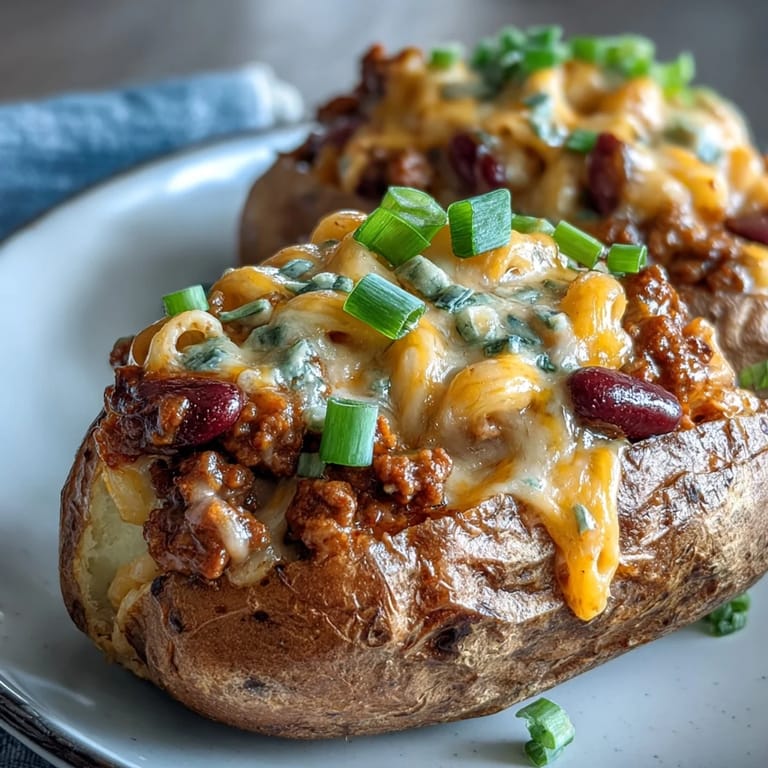 Golden baked potatoes overflowing with savory Chili Mac filling.