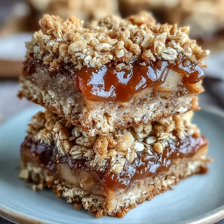 Soft Apple Cinnamon Jam Oat Bars featuring rustic oat crumble and spiced apple center.