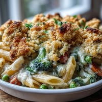 Creamy Veggie Pot Pie Pasta served in a skillet with golden biscuit crumbs over tender pasta and colorful vegetables.