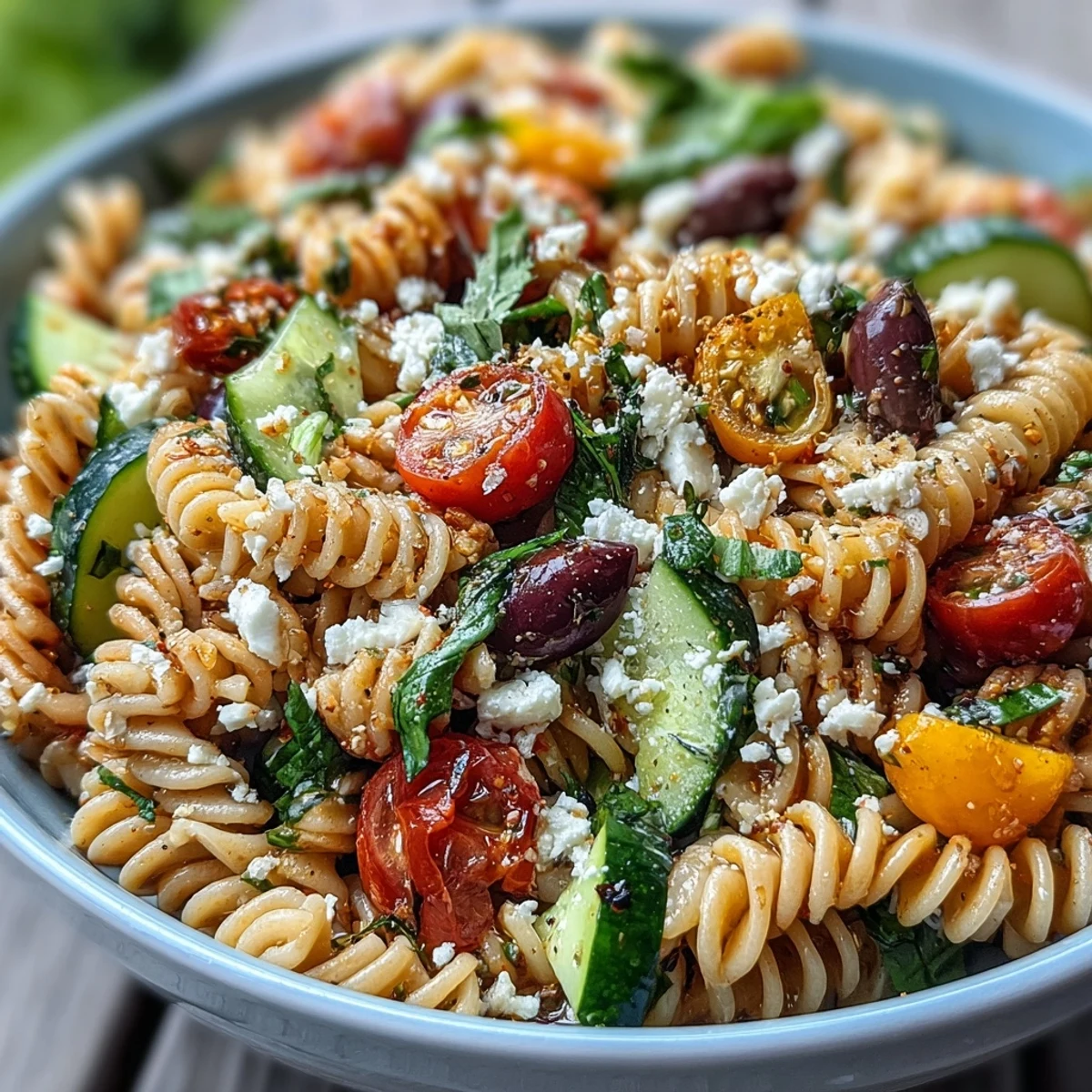 A colorful bowl of Summer Slim Greek Pasta Salad packed with extra veggies, light feta, and whole grain pasta.  