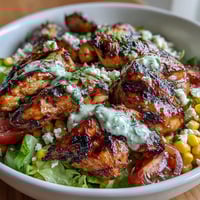 Healthy Chicken and Street Corn Bowls with juicy grilled chicken, charred sweet corn, crisp vegetables, and tangy Greek yogurt dressing.  