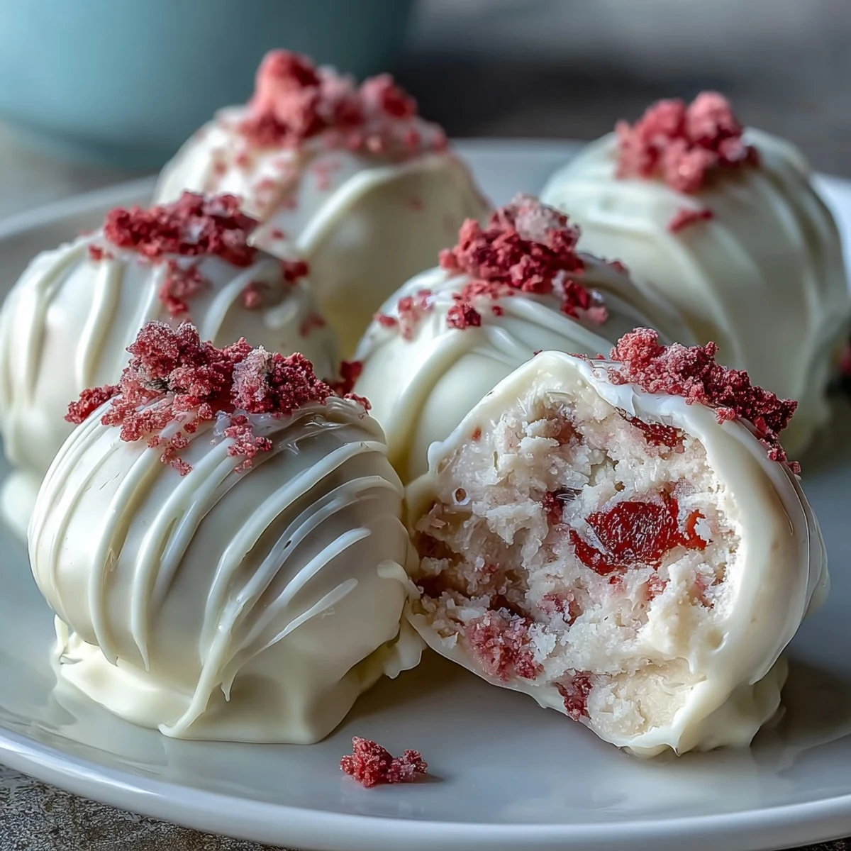 Decadent strawberry truffles dipped in silky white chocolate, garnished with crushed freeze-dried berries for a romantic dessert.
