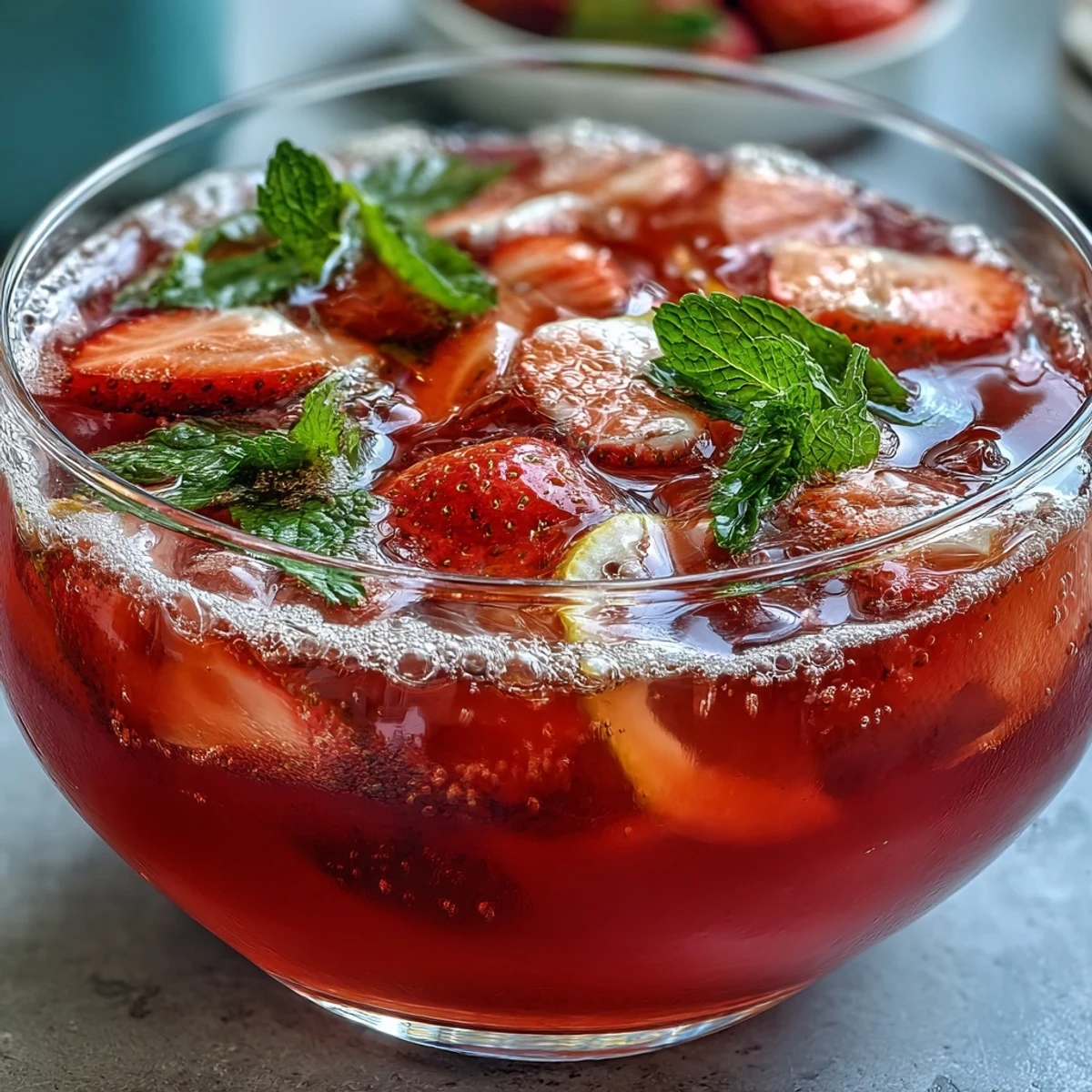 A vibrant pink punch with fresh strawberries and lemon slices, perfect for a Galentines Day celebration with friends.