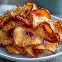 Golden air fryer apple chips dusted with cinnamon sugar—crispy, sweet, and healthy homemade snack.