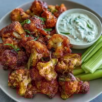 Crispy air fryer cauliflower florets coated in spicy Buffalo sauce, served with celery sticks for a tangy appetizer.
