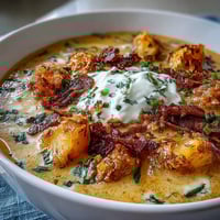 Hearty loaded baked potato soup with creamy cheddar, crispy bacon, and crunchy potato chip topping.
