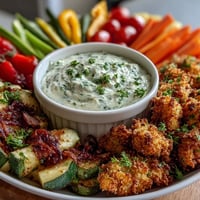 A colorful Chicken Run Veggie Tray with fresh carrots, bell peppers, and cucumbers, served with creamy ranch hummus dip.