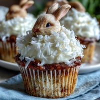 Fluffy coconut cupcakes topped with marshmallows and shredded coconut for a festive Easter bunny tail look.  