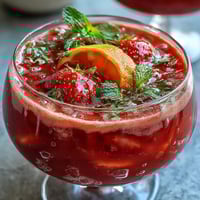 Vibrant strawberry mimosa mocktails with fresh fruit slices and mint garnish, perfect for festive brunch celebrations.