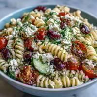 A vibrant Greek-style summer pasta salad with olives, feta, and fresh vegetables, perfect for warm-weather gatherings.  