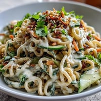 Cold sesame noodle bowl with cucumber, vibrant julienned veggies, and sesame sauce on chilled noodles.  