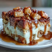 Freshly baked Caramel Apple Cheesecake Bread Pudding with a golden, custardy top and gooey caramel drizzle.